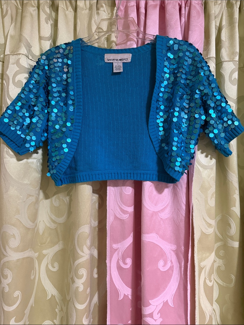 Sweater Project Teal Sequin Cropped Shrug Top